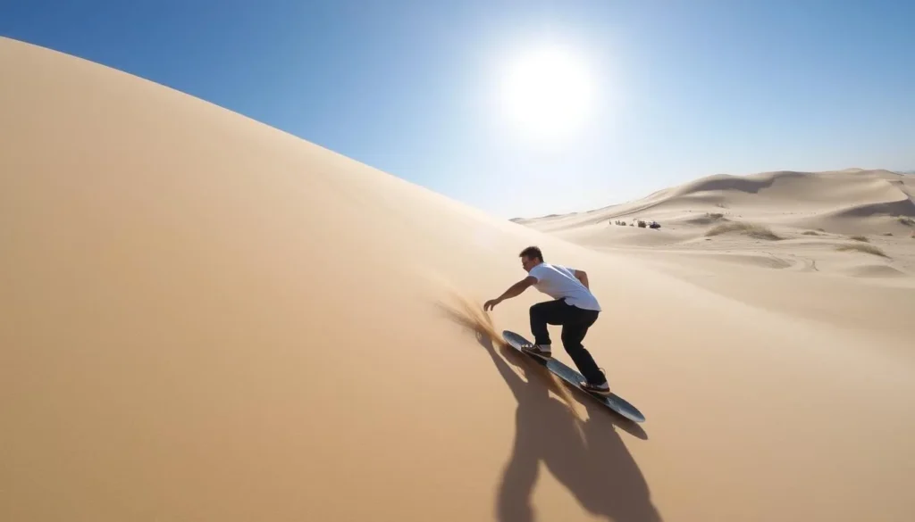 Image of a person sandboarding down a large dune at Sand Master Park