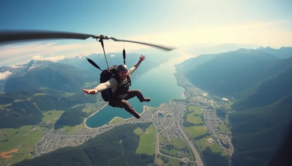 Image of a person skydiving from a helicopter over Interlaken, Switzerland