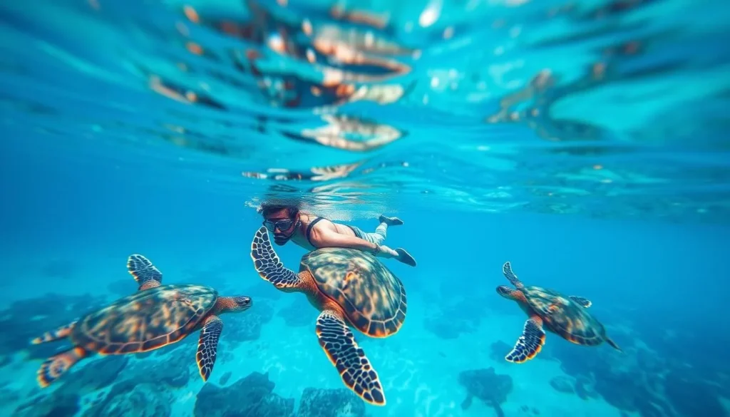 Image of a person snorkeling in clear waters with sea turtles