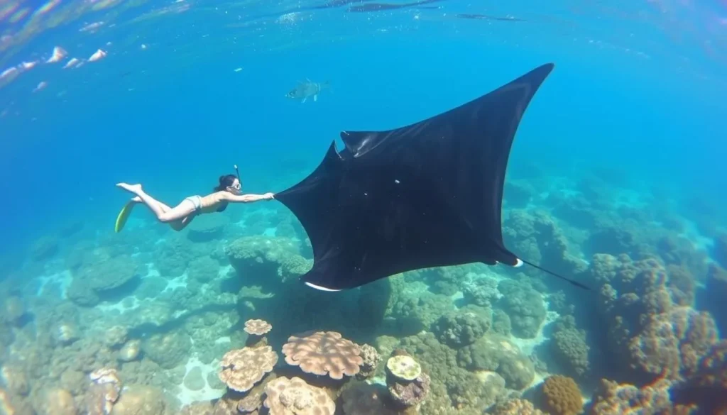 Image of a person snorkeling with a manta ray in Coral Bay