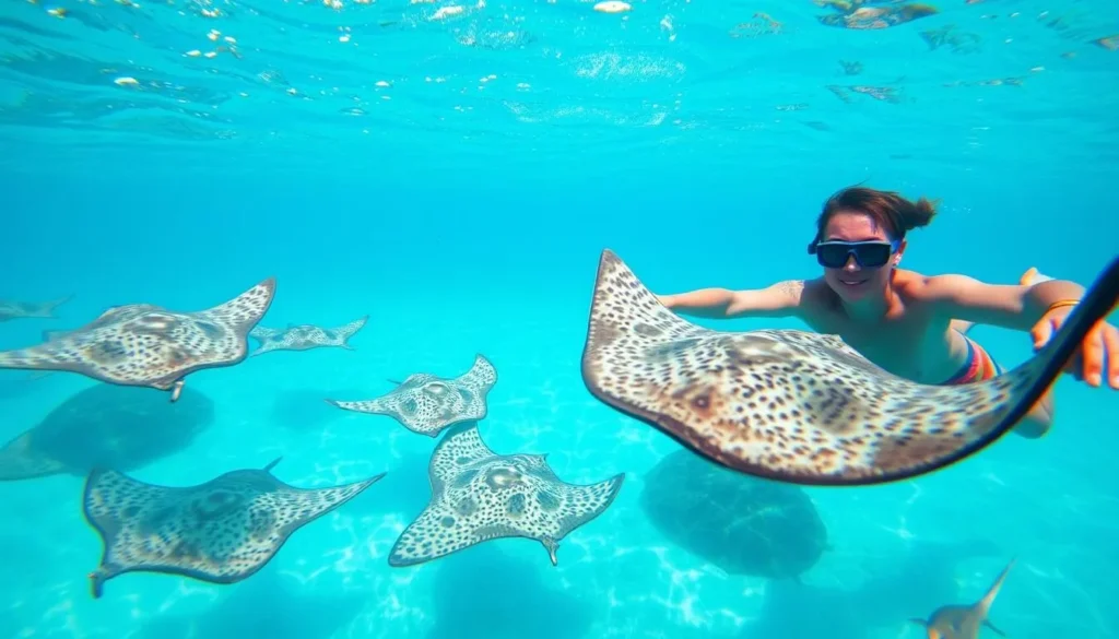 Image of a person snorkeling with stingrays in Bora Bora's lagoon