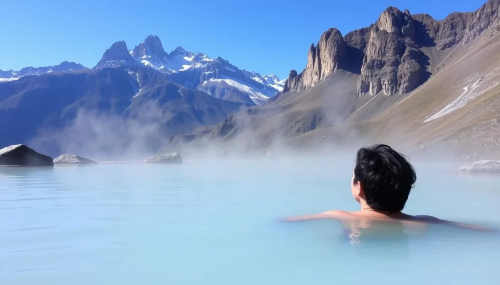 Image of a person soaking in a natural hot spring surrounded by mountains