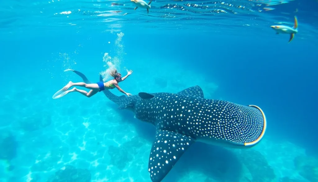 Image of a person swimming with a whale shark in Coral Bay