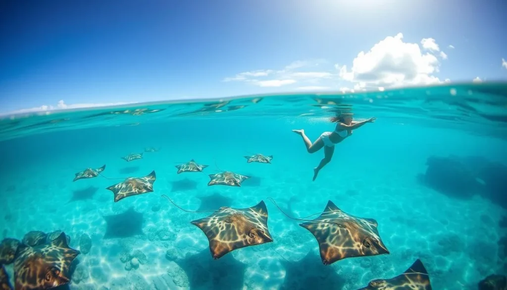 Image of a person swimming with stingrays in the clear waters of the Austral Islands