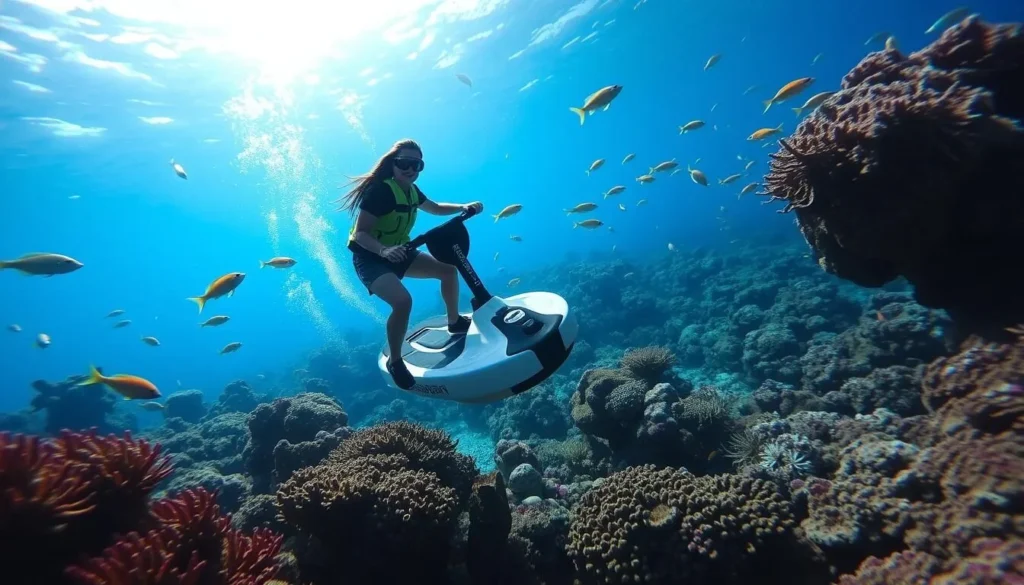 Image of a person using a sea scooter underwater in Moorea