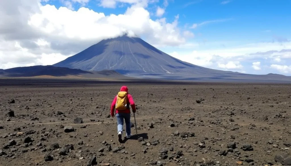 Image of a person walking on the Goma lava field with a backdrop of Nyiragongo Volcano