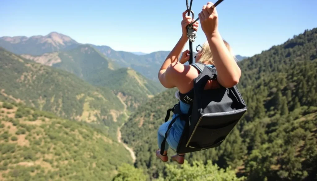 Image of a person ziplining in the San Bernardino Mountains with a mountainous landscape in the background