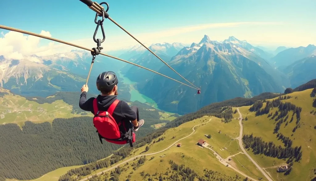 Image of a person ziplining on the First Flyer with the Swiss Alps in the background