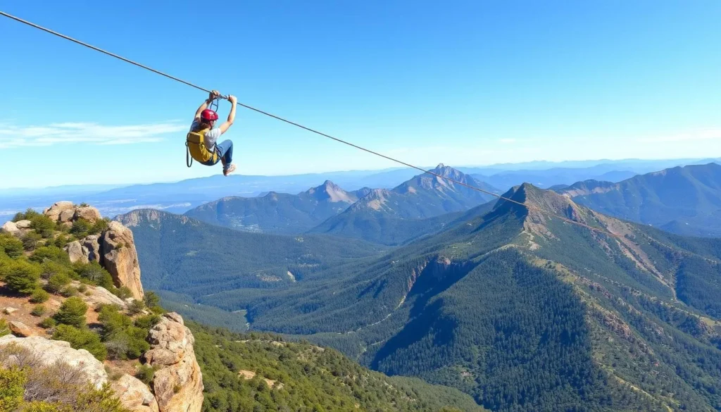 Image of a person ziplining over a mountainous terrain in Big Bear