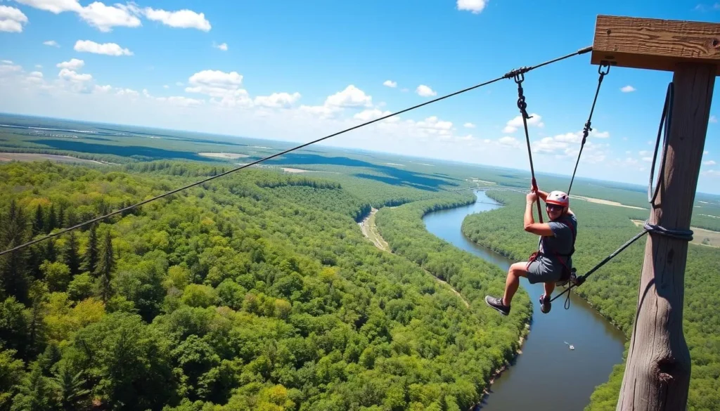 Image of a person ziplining over the Little Miami River with a scenic view of the surrounding landscape.
