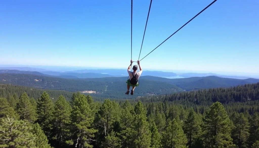 Image of a person ziplining through the alpine forests of Big Bear