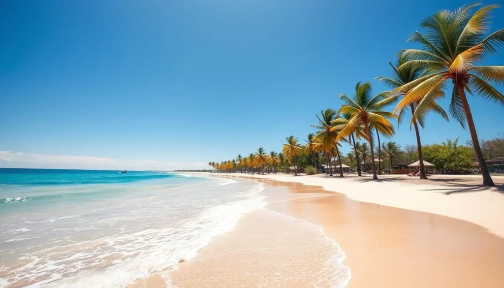 Image of a picturesque Gold Coast beach with palm trees and clear blue waters