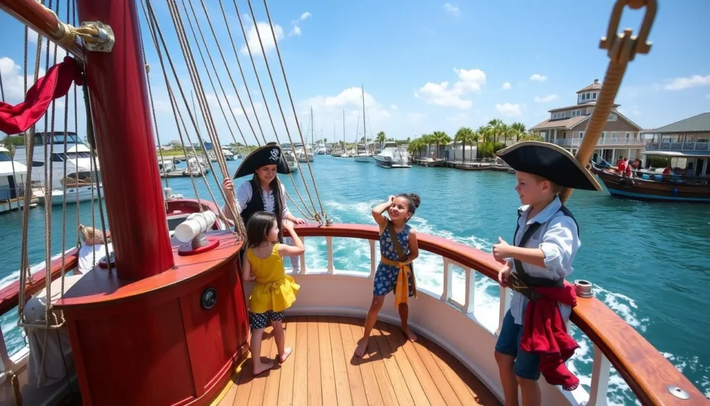 Image of a pirate ship sailing through Destin Harbor with kids participating in pirate activities