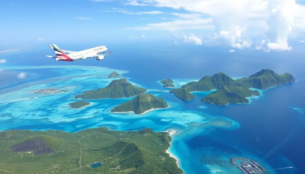 Image of a plane flying over the islands of French Polynesia