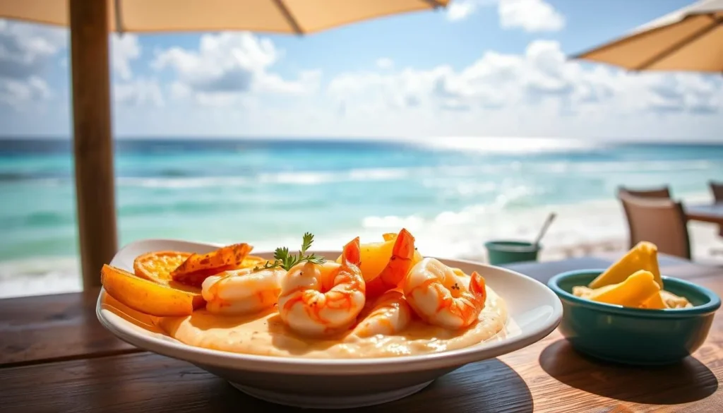 Image of a plate of shrimp and grits with a background of the Emerald Coast