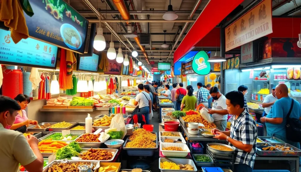 Image of a popular hawker center with various food stalls