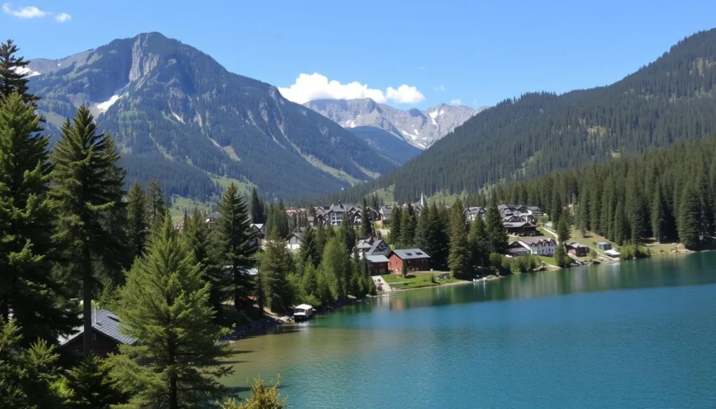 Image of a quaint mountain town with pine trees and a lake