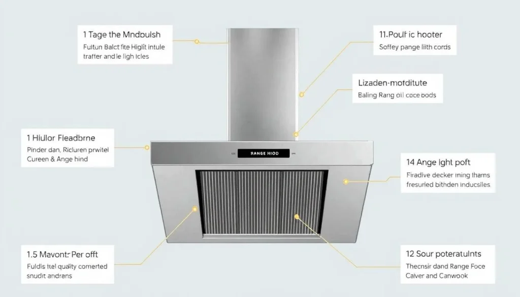 Image of a range hood with various features highlighted