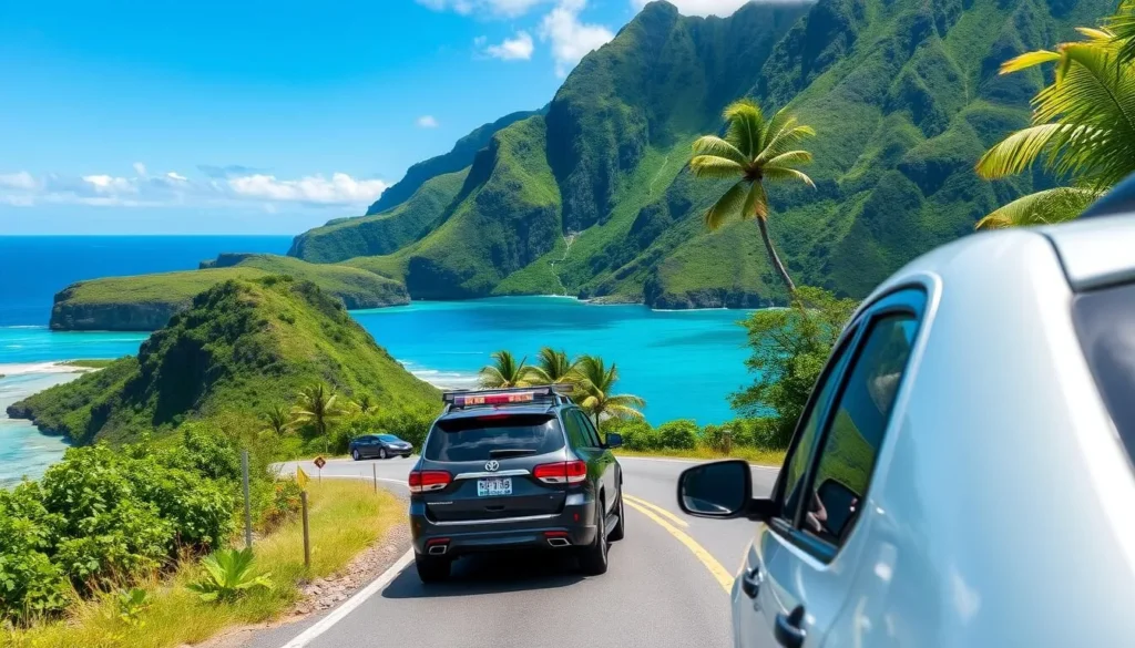 Image of a rental car on the road around Tahiti