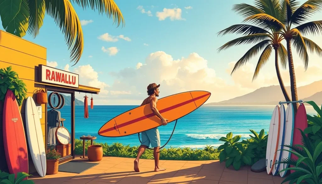Image of a rental shop in Kapalua or a surfer with a rented board at Honolua Bay