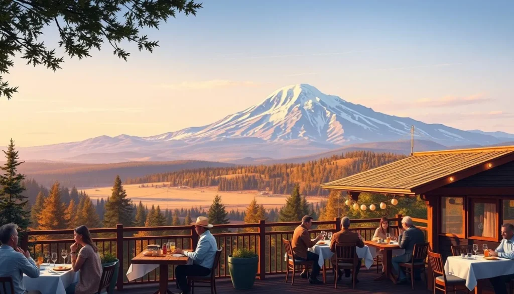 Image of a restaurant with a scenic view of Mount Shasta