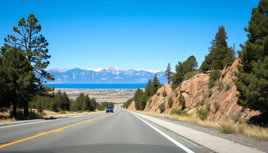 Image of a scenic drive along Highway 395 with Mono Lake in the background