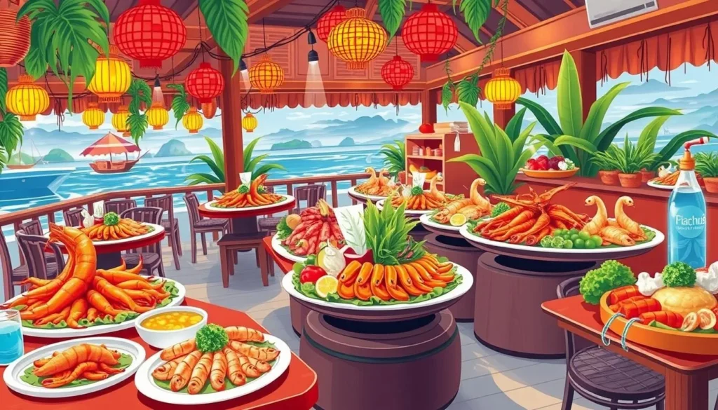 Image of a seafood restaurant in Phú Quốc with a variety of fresh seafood dishes