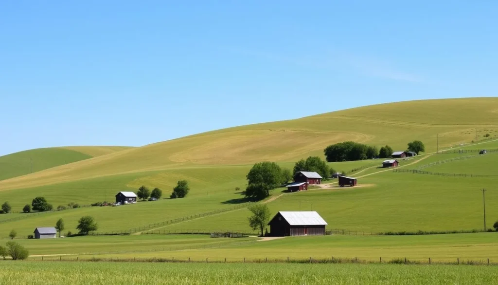 Image of a serene Amish farm landscape with rolling hills and traditional farmhouses.