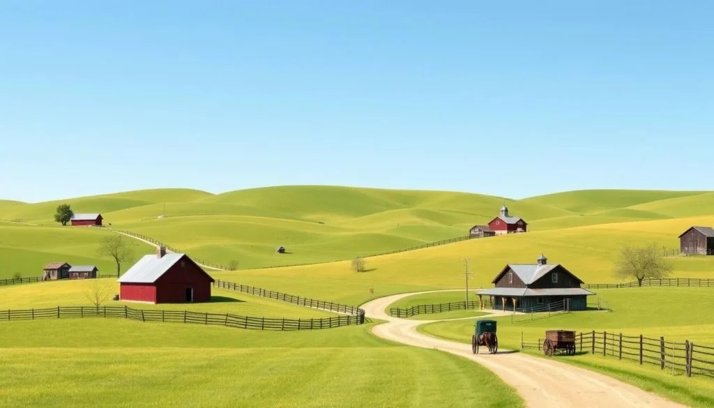 Image of a serene Amish landscape in Holmes County, Ohio, with rolling hills and traditional Amish farms.
