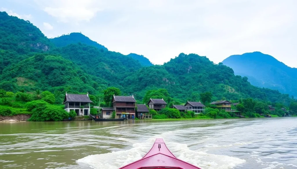 Image of a serene Mekong River cruise with lush greenery and traditional Vietnamese houses along the riverbanks