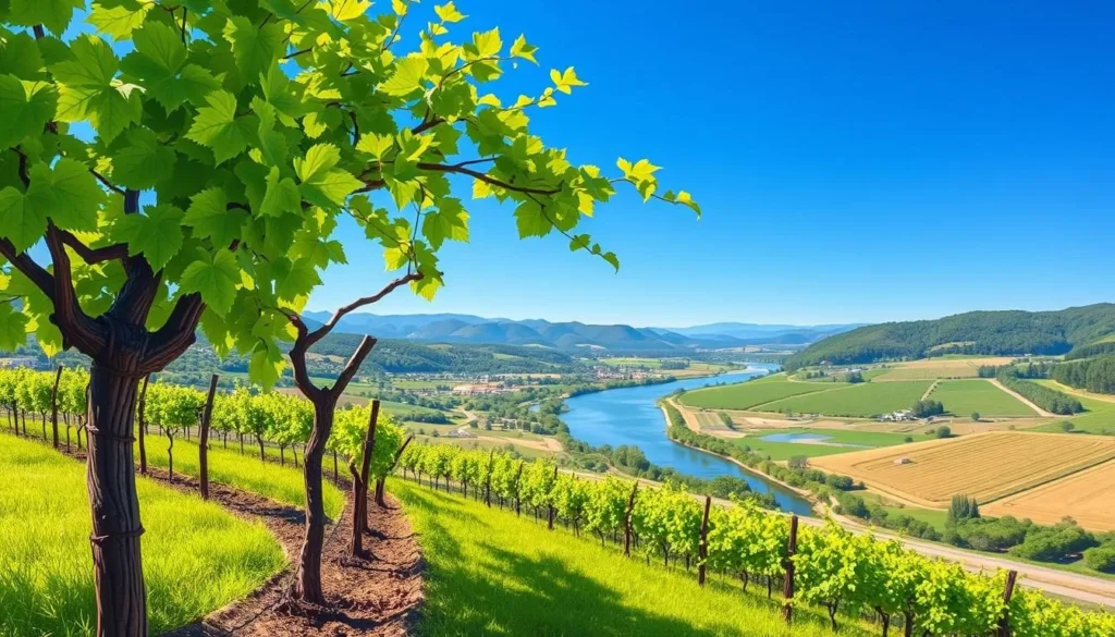 Image of a serene Napa Valley vineyard with the Napa River in the background