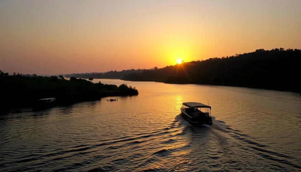 Image of a serene Warri River with a boat gliding through its waters
