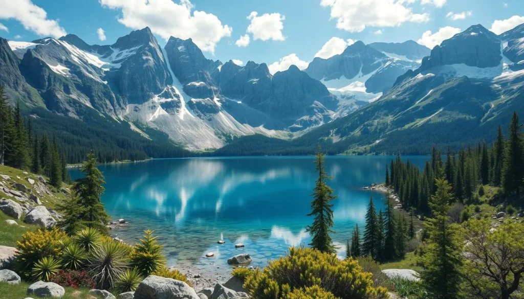 Image of a serene alpine lake surrounded by mountains