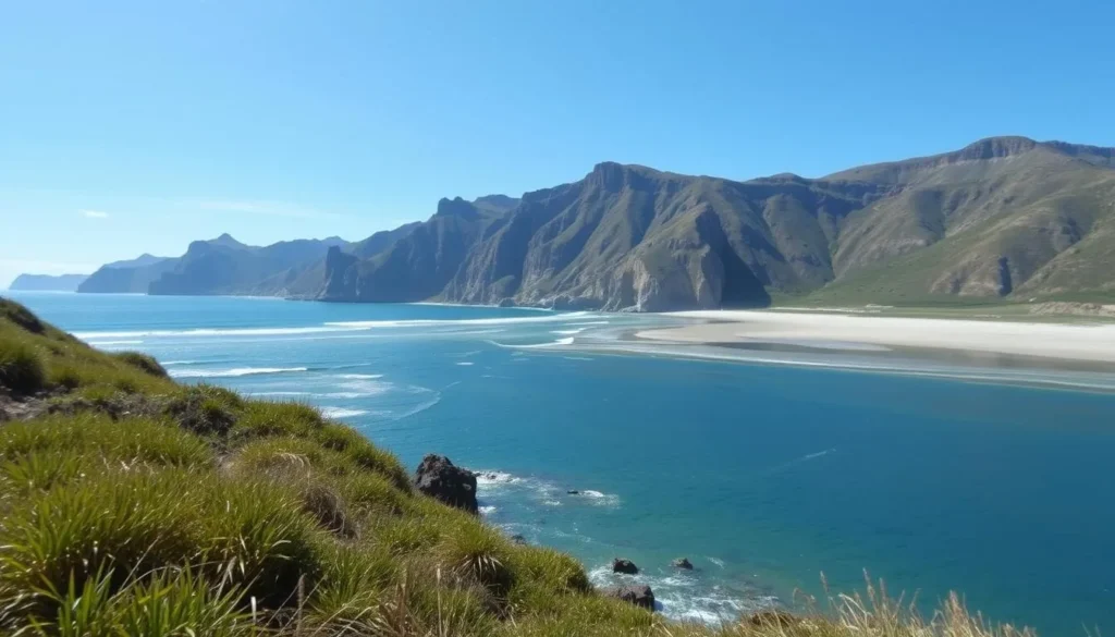 Image of a serene beach in the Coast Ranges with dramatic cliffs and clear blue skies