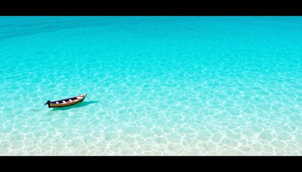 Image of a serene beach in the Kerkennah Islands with crystal-clear waters and traditional fishing boats.
