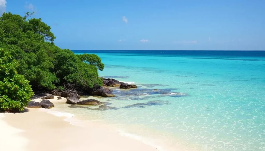 Image of a serene beach on Longboat Key with crystal-clear waters and lush greenery.