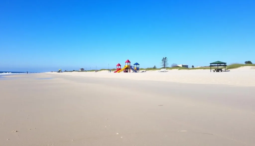 Image of a serene beach scene at Atlantic Dunes Park with a playground and picnic areas in the background.