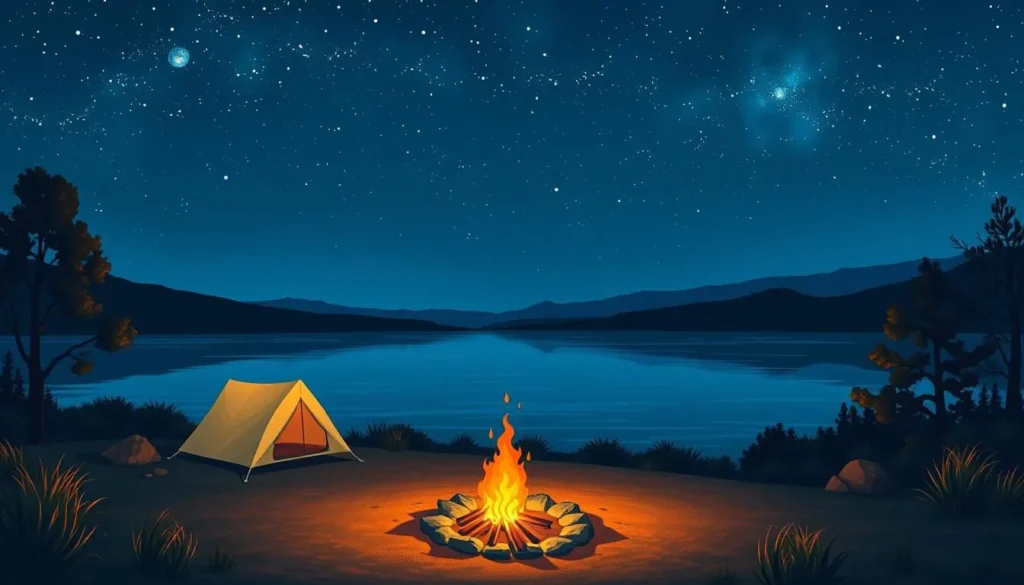 Image of a serene campsite at Lake Cachuma under a starry night sky