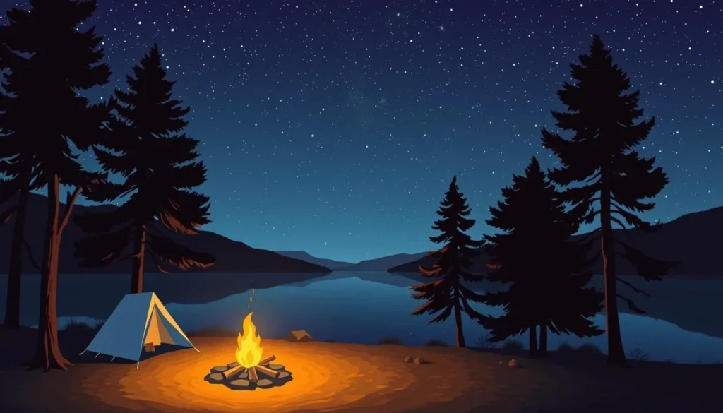 Image of a serene campsite at Lake Casitas under a starry night sky