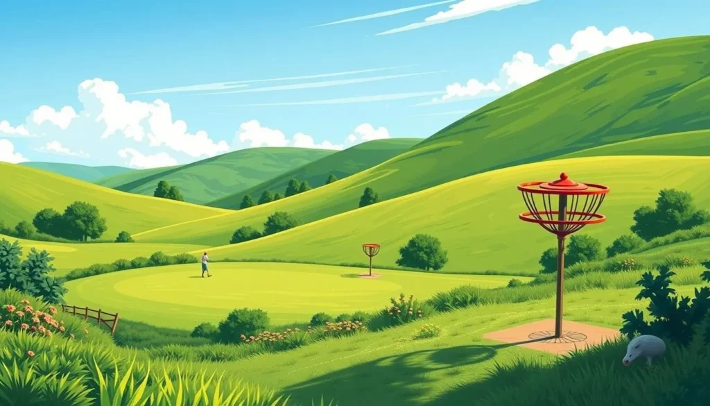 Image of a serene disc golf course surrounded by rolling hills and lush greenery