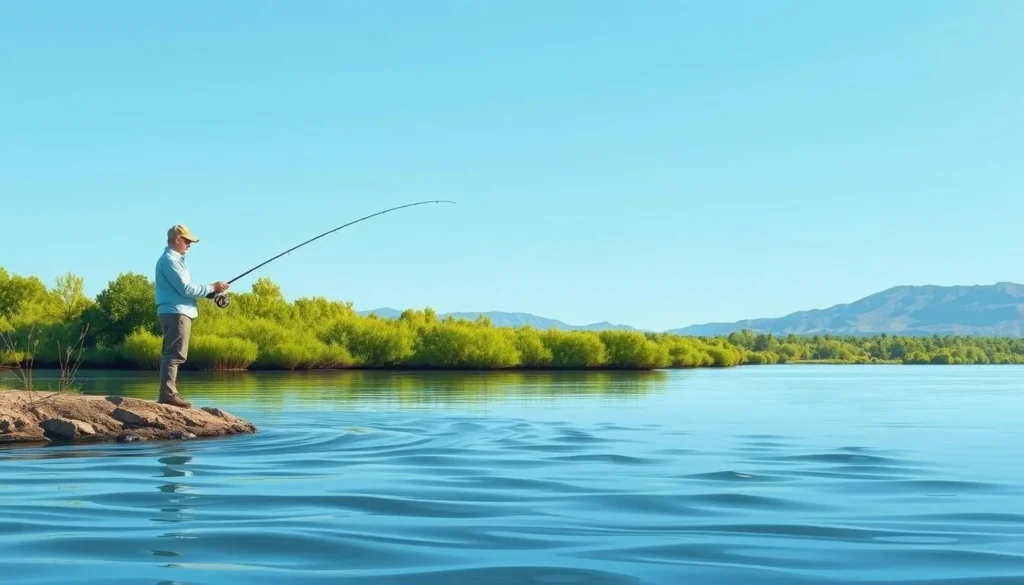 Image of a serene fishing spot at Antelope Lake with a fisherman in action