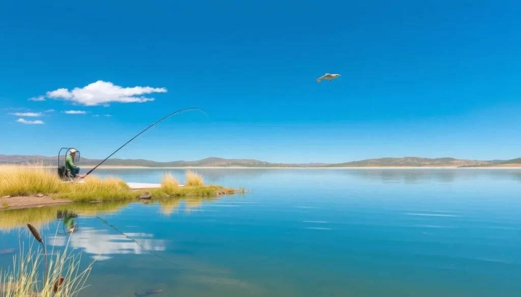 Image of a serene fishing spot at Cold Springs Reservoir with a clear blue sky and calm waters.