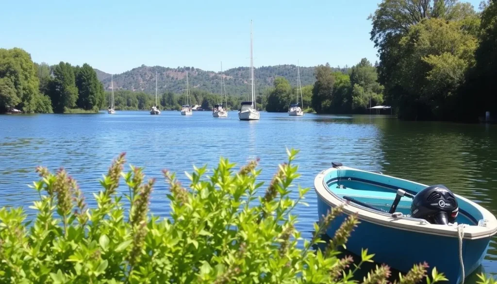 Image of a serene fishing spot at Lake Cachuma with a few boats in the background and lush greenery surrounding the lake.
