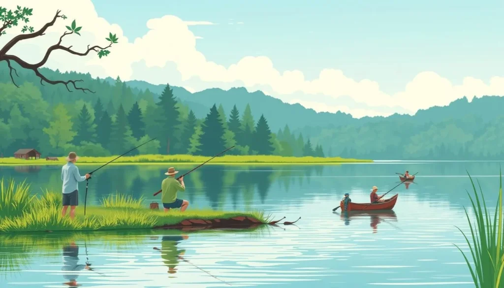 Image of a serene fishing spot at Lake Hennessy with anglers waiting for a catch