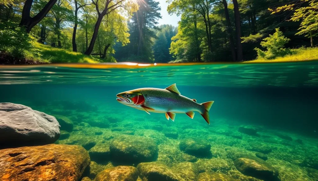 Image of a serene fishing spot at Montauk State Park with a trout in the water