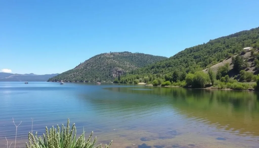 Image of a serene fishing spot at Mountain Meadows Reservoir with a few boats in the background.