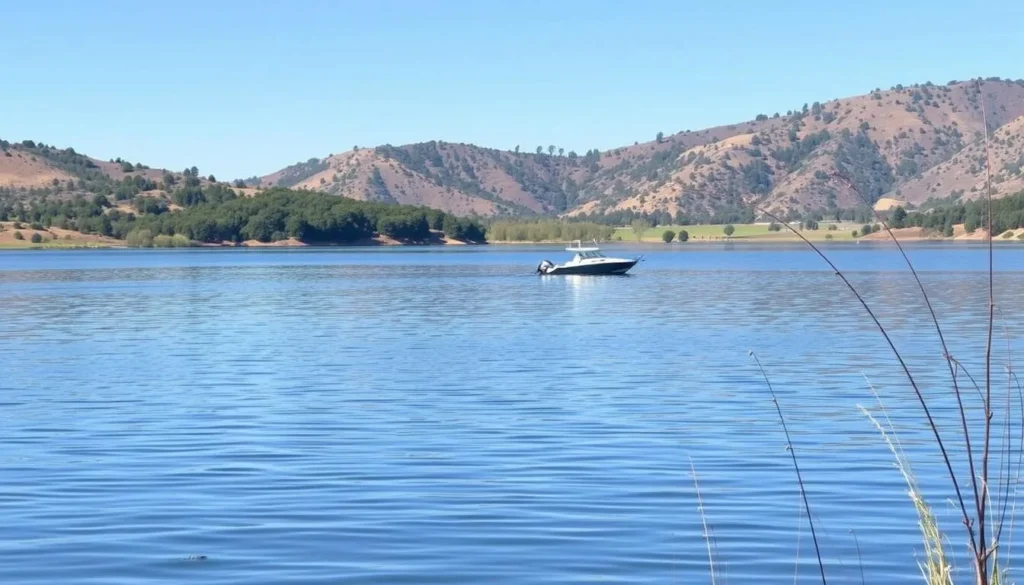 Image of a serene fishing spot at New Melones Lake with a boat in the background