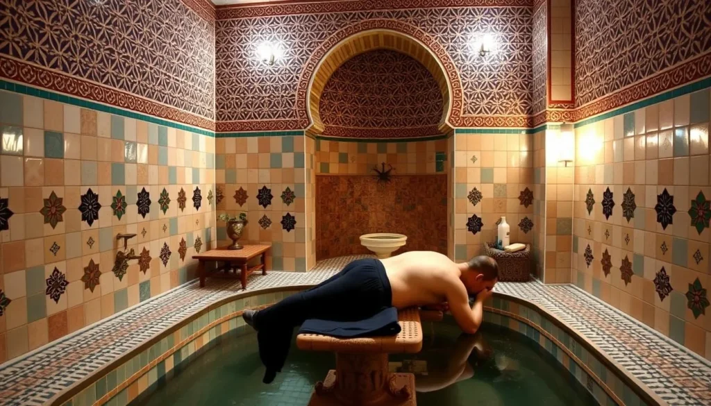 Image of a serene hammam interior with traditional Moroccan tiles and a person receiving a massage.