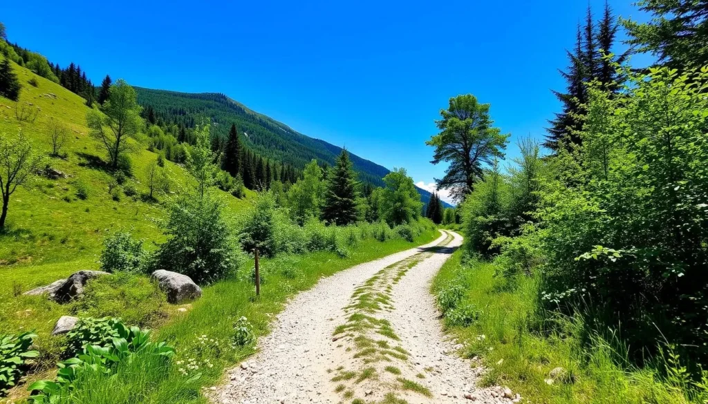 Image of a serene hiking trail in Obwalden with lush greenery and a clear blue sky