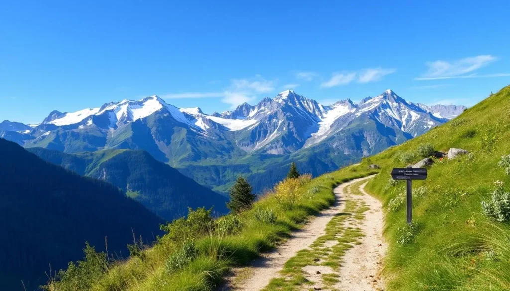 Image of a serene hiking trail near Gstaad with snow-capped mountains in the background